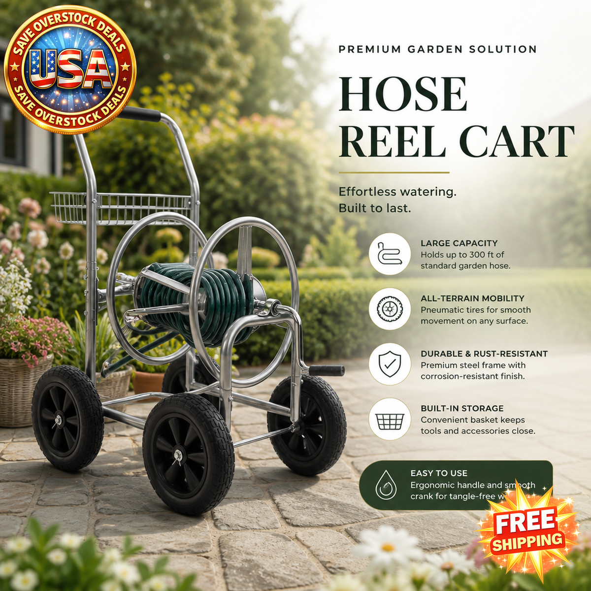 Hose Reel Cart with 4 Wheels, Holds 250 ft of 5/8'' Hose