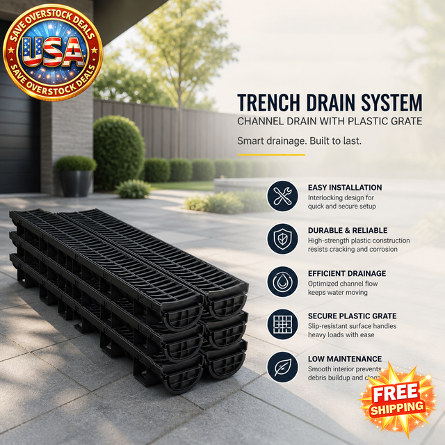Trench Drain System with Plastic Grate, 6 Pack, 5.8x3.1-Inch