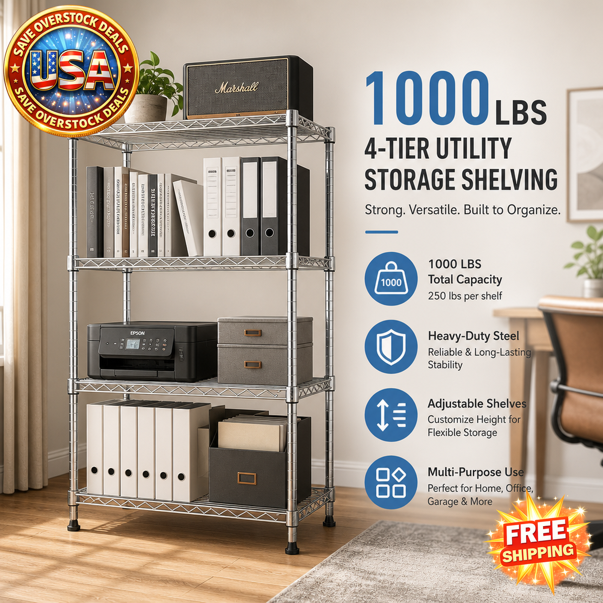 4-Tier Steel Storage Shelving Unit, 1000 lbs Capacity, Chrome