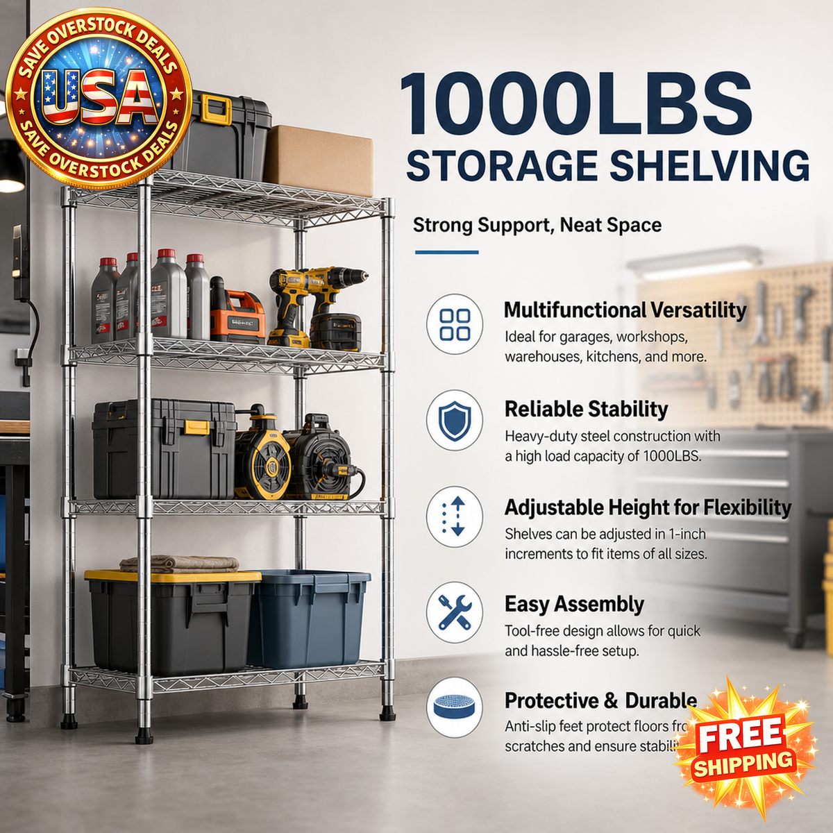Heavy Duty 4-Tier Steel Storage Shelving Unit, 1000 lbs Capacity