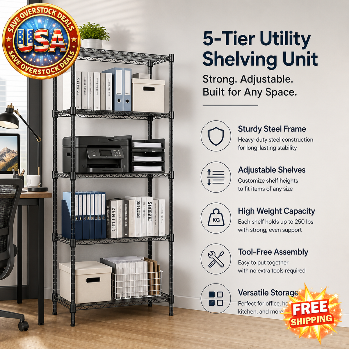 5-Tier Utility Shelving Unit - 1250 lbs Capacity Steel Rack