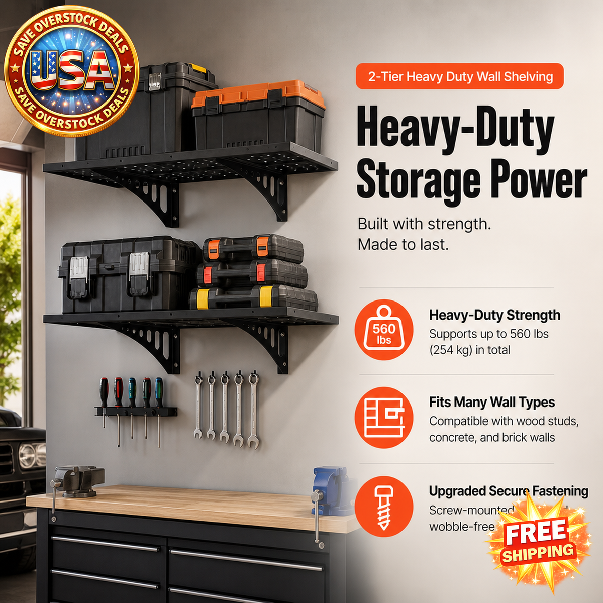 2-Tier Heavy Duty Wall Garage Shelving Unit, 560 lbs Capacity
