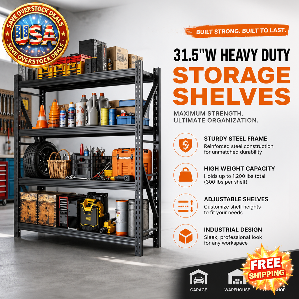 Heavy Duty Metal Storage Shelves, 2500LBS Capacity, 4 Tier