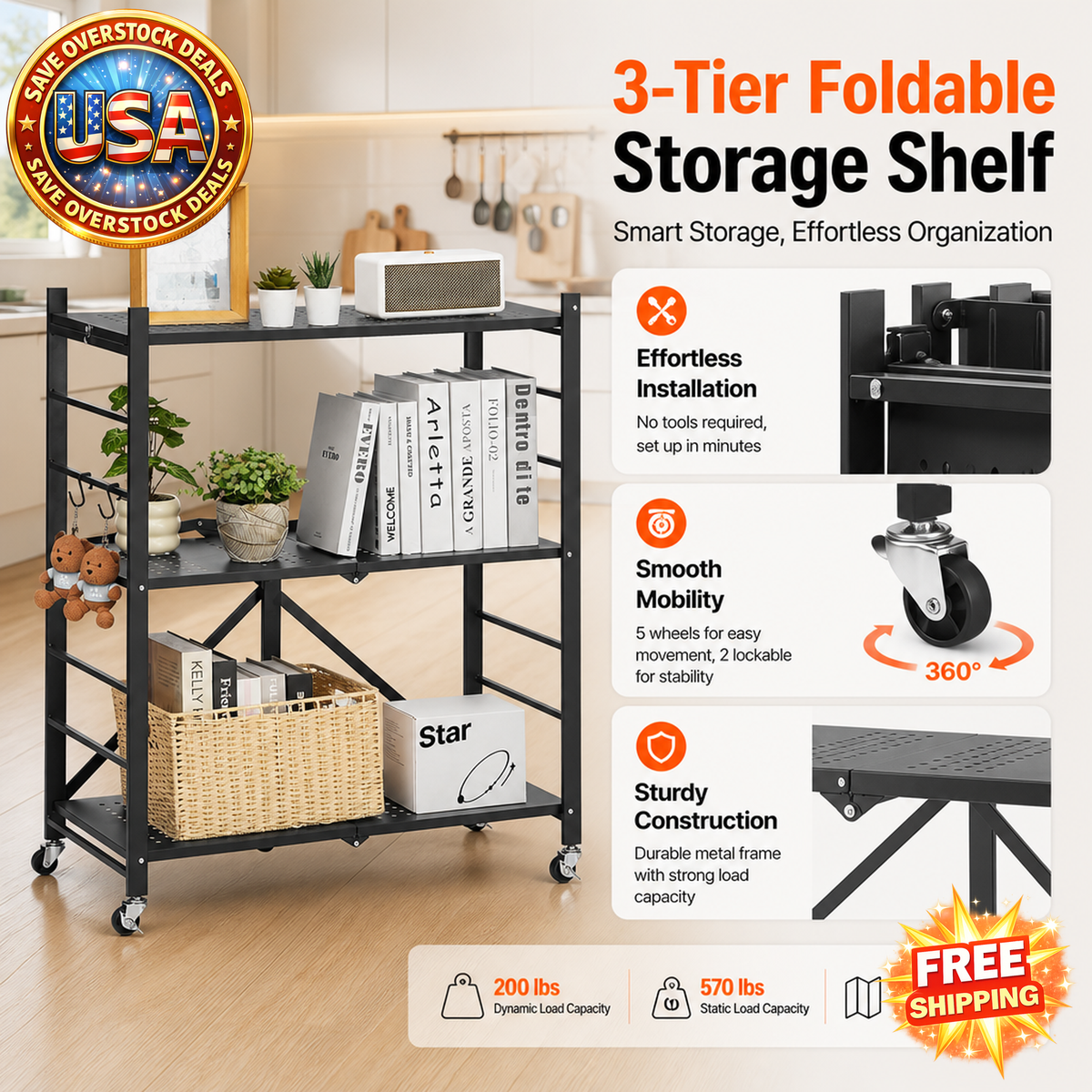 3-Tier Foldable Storage Shelf with Wheels and Hooks, Black