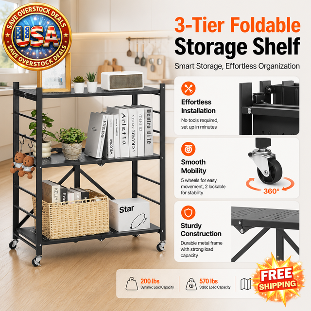 3-Tier Foldable Storage Shelf with Wheels and Hooks, Black