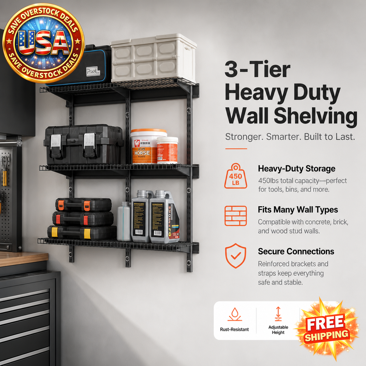 3-Tier Heavy Duty Wall Garage Shelving Unit, 450 lbs Capacity