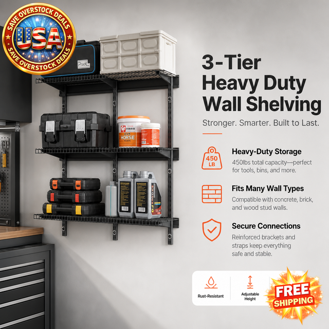 3-Tier Heavy Duty Wall Garage Shelving Unit, 450 lbs Capacity