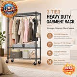 Heavy Duty 3 Tier Rolling Garment Rack with Wheels, Black Chrome