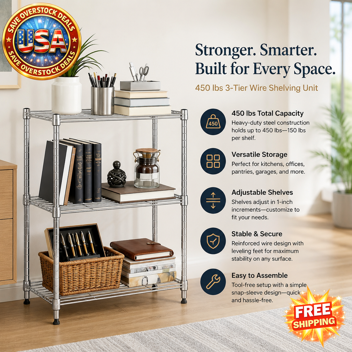 450 lbs 3-Tier Wire Storage Shelving Unit for Home and Office
