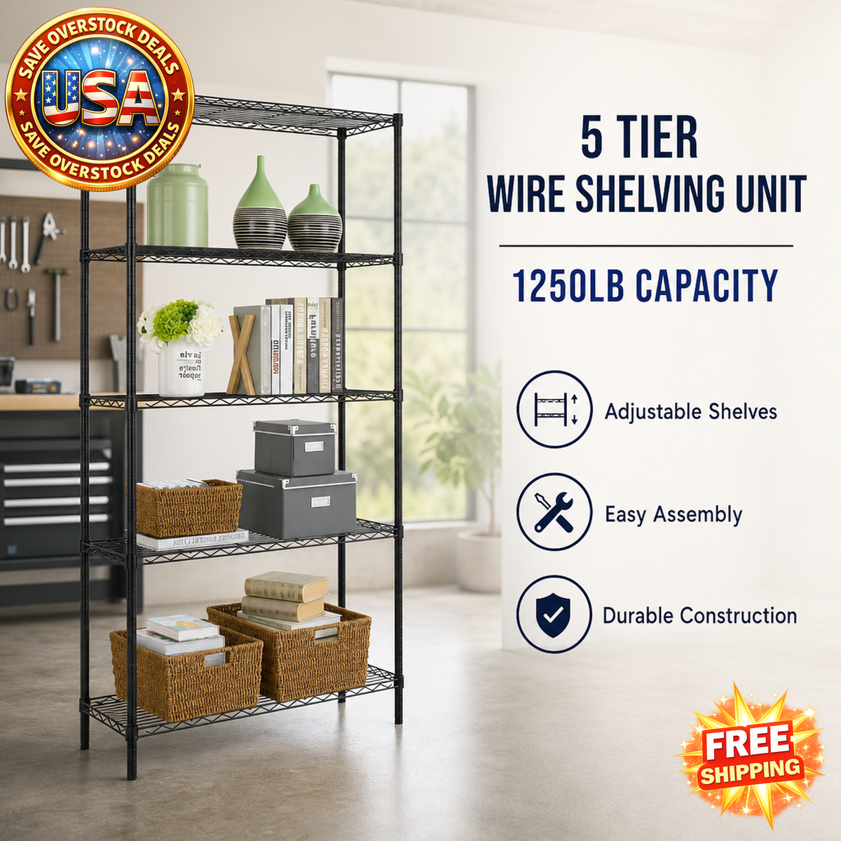5 Tier Wire Shelving Unit with 1250lb Capacity, Black