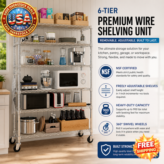 6 Tier NSF Certified Wire Shelving Unit with Wheels, 48x18x72