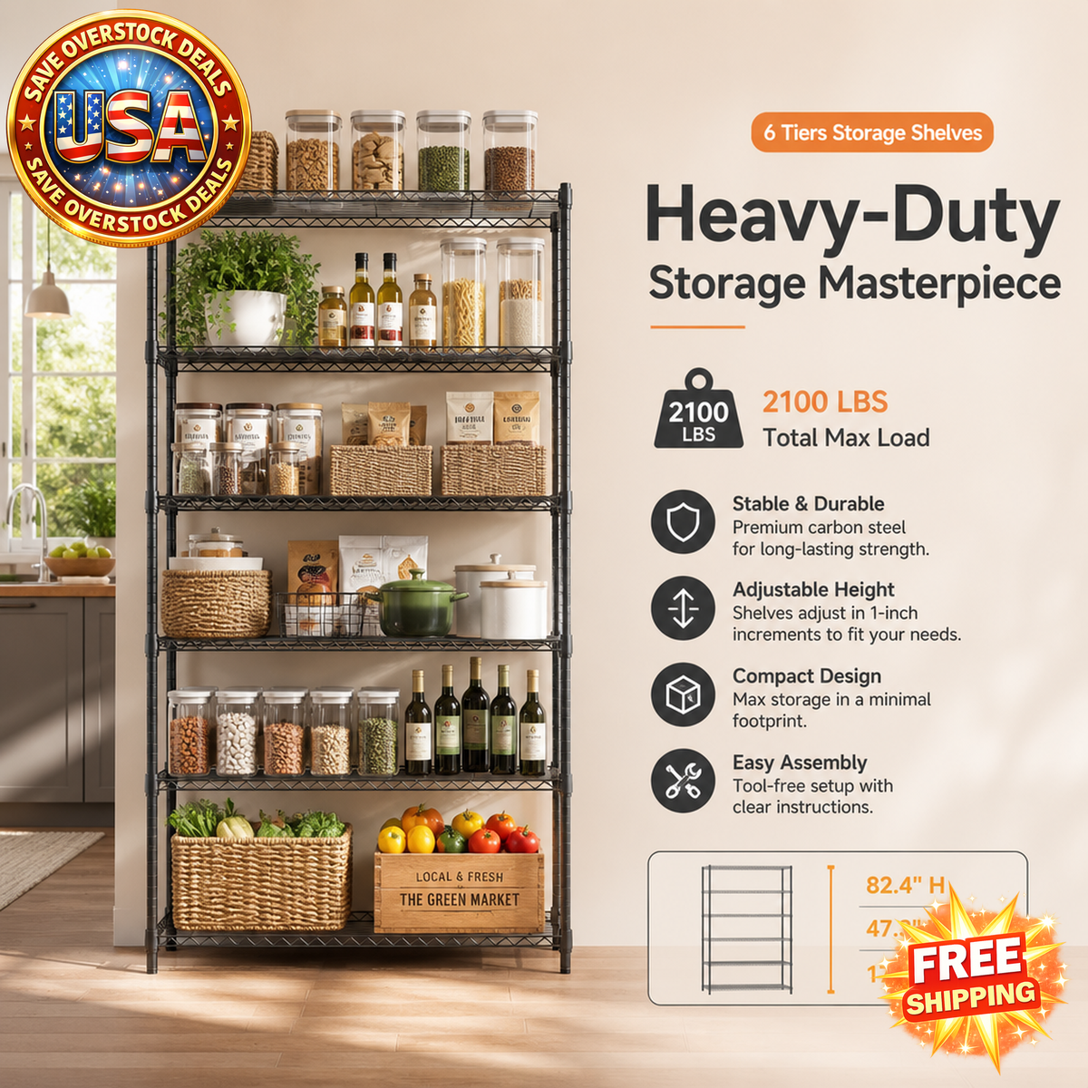 6-Tier Metal Shelving Unit for Storage, Adjustable, 2100 LBS