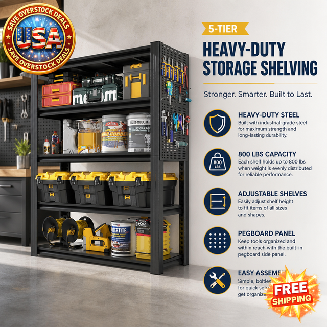 78" Heavy-Duty 5-Tier Metal Storage Shelving Unit with Pegboard