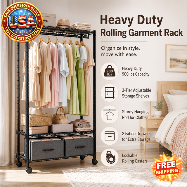 Heavy Duty Rolling Garment Rack with Adjustable Shelves