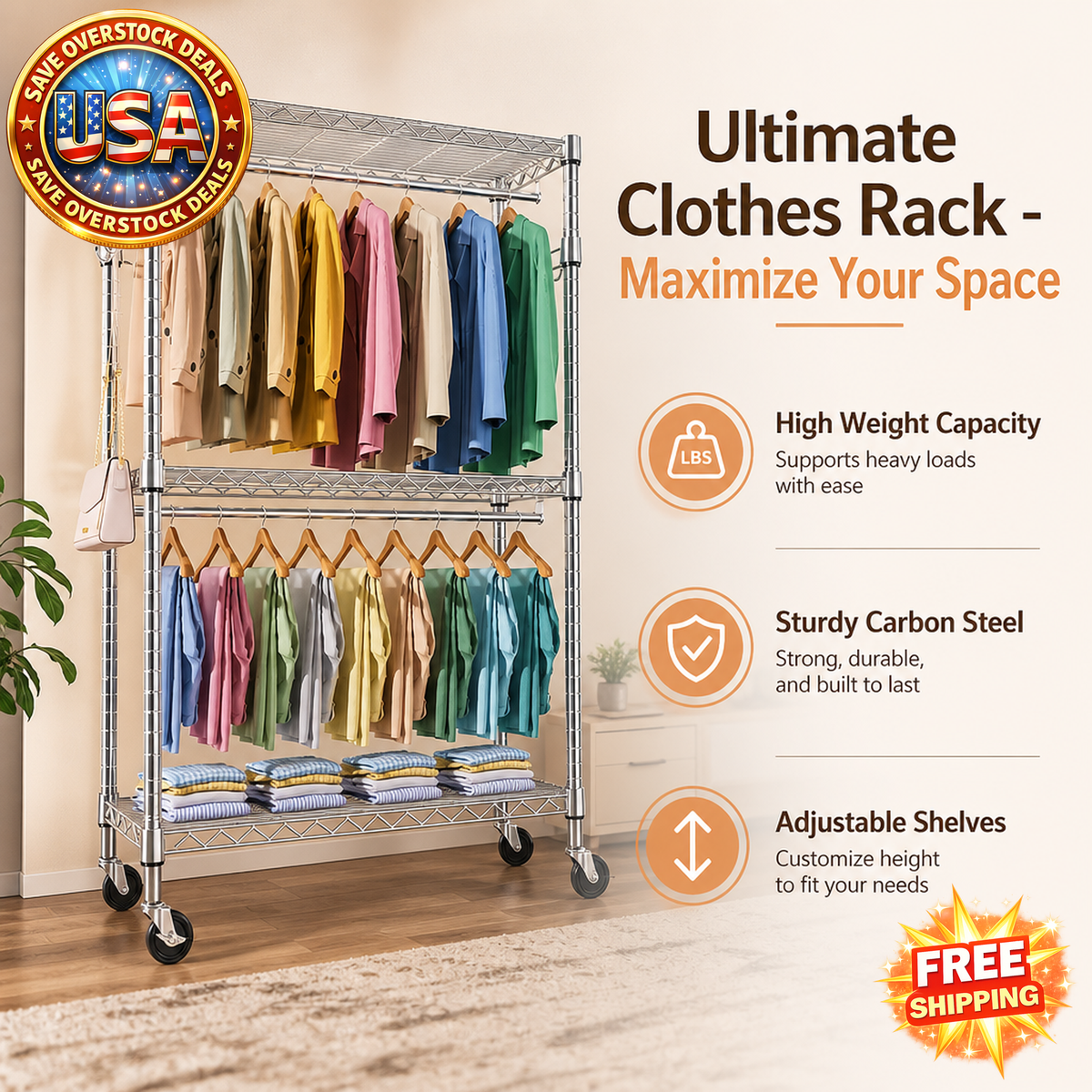 Heavy Duty Rolling Garment Rack with Adjustable Shelves and Wheels