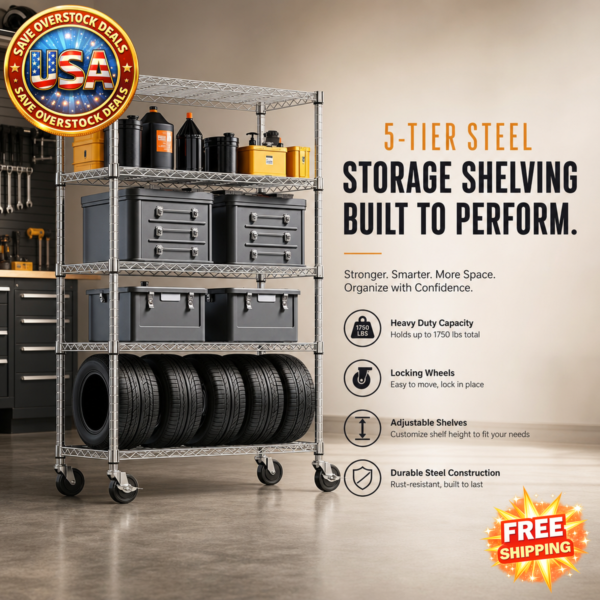 5-Tier Steel Storage Shelving Unit with Wheels, 1750 LBS Capacity