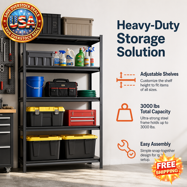 Heavy Duty 5-Tier Storage Shelves, 3000 lbs Capacity, Metal