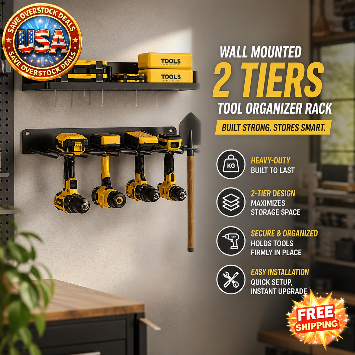 Wall Mounted 2-Tier Garage Tool Organizer Rack for Storage