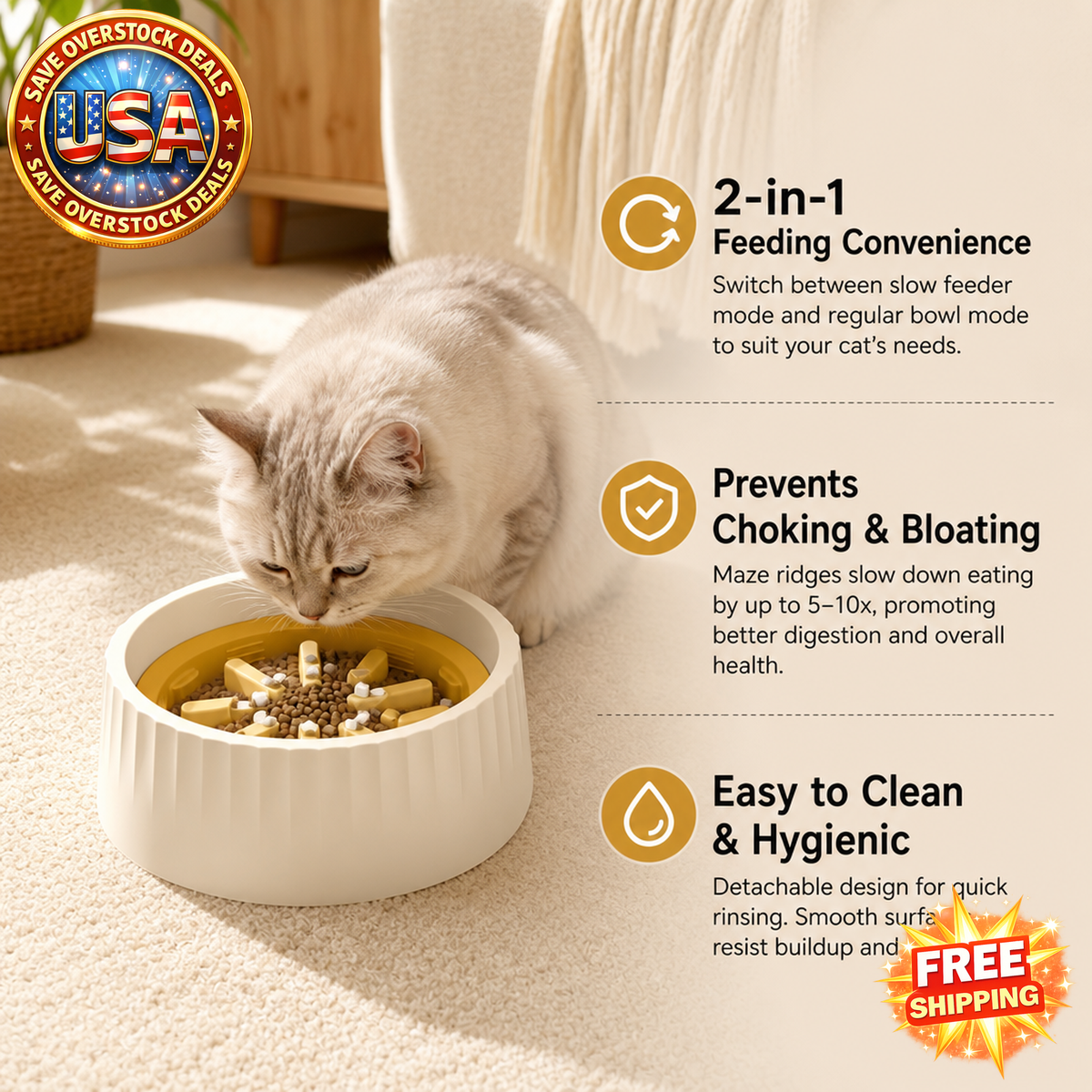 Large Plastic Cat Slow Feeder Bowl with Dual Mode, 2-in-1