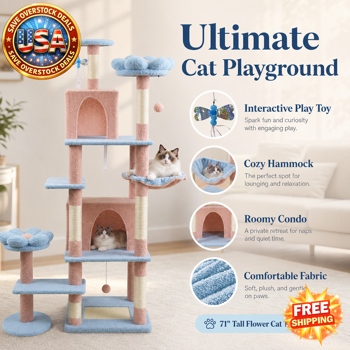 71 Inch Flower Cat Tree with Large Condo and Hammock