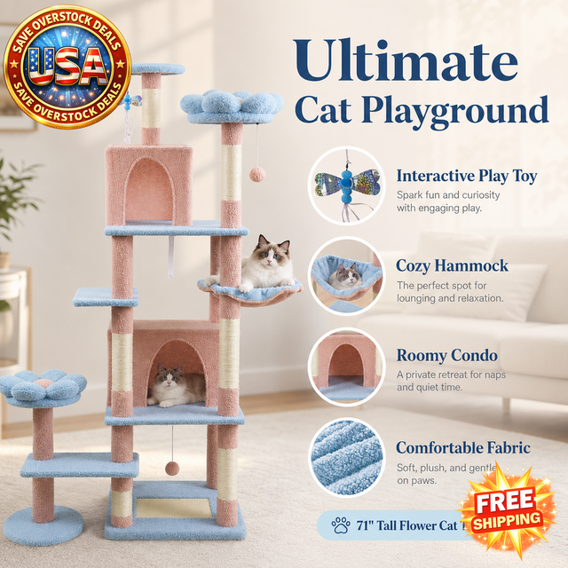 71 Inch Flower Cat Tree with Large Condo and Hammock
