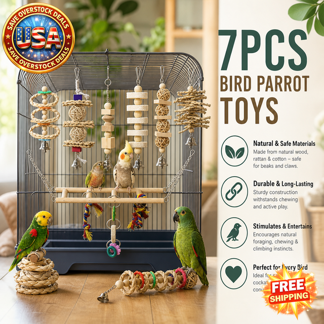 7pcs Natural Wood Bird Parrot Toys for Cockatiels and Parrots