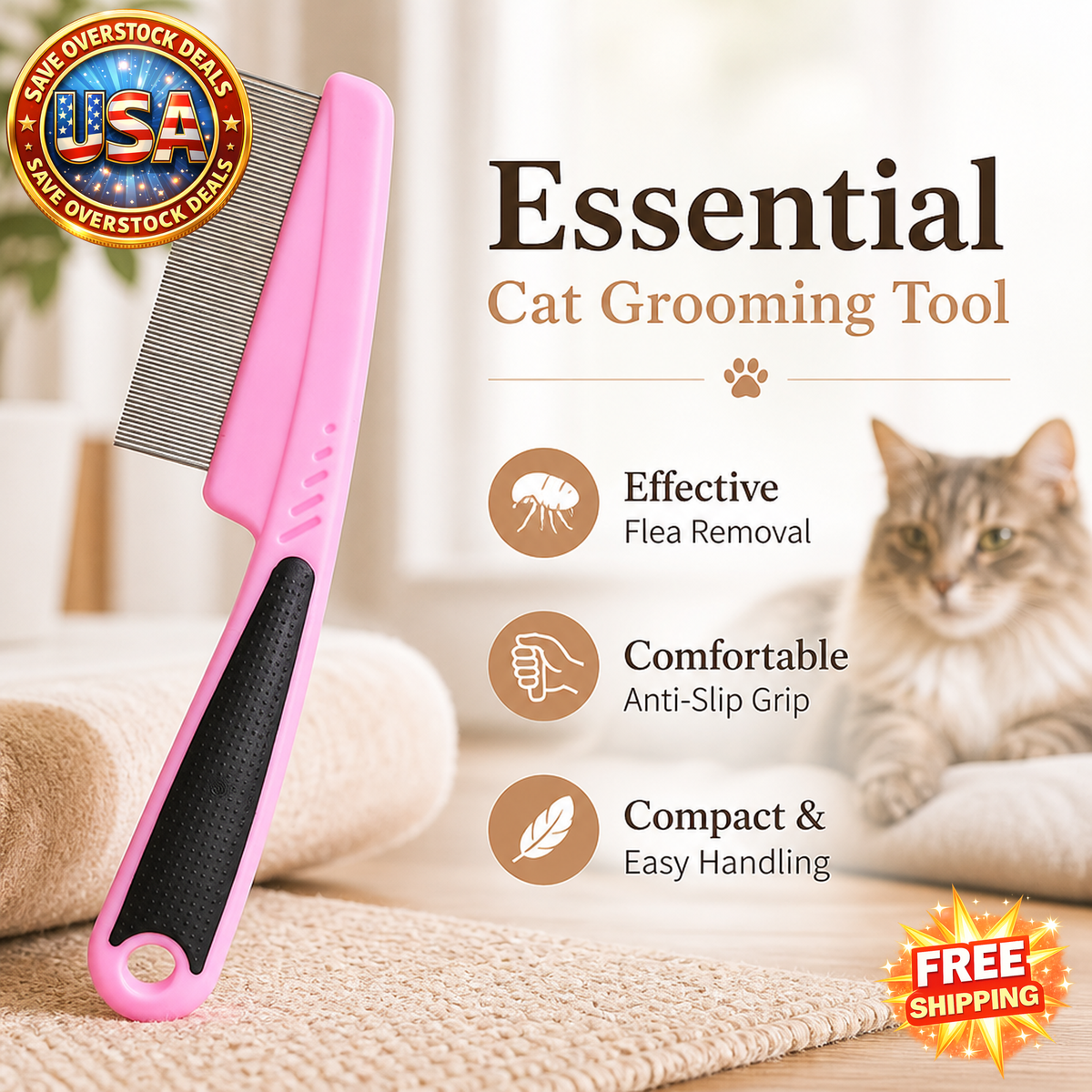 Anti-Slip Cat Flea Trim Comb with Black Handle
