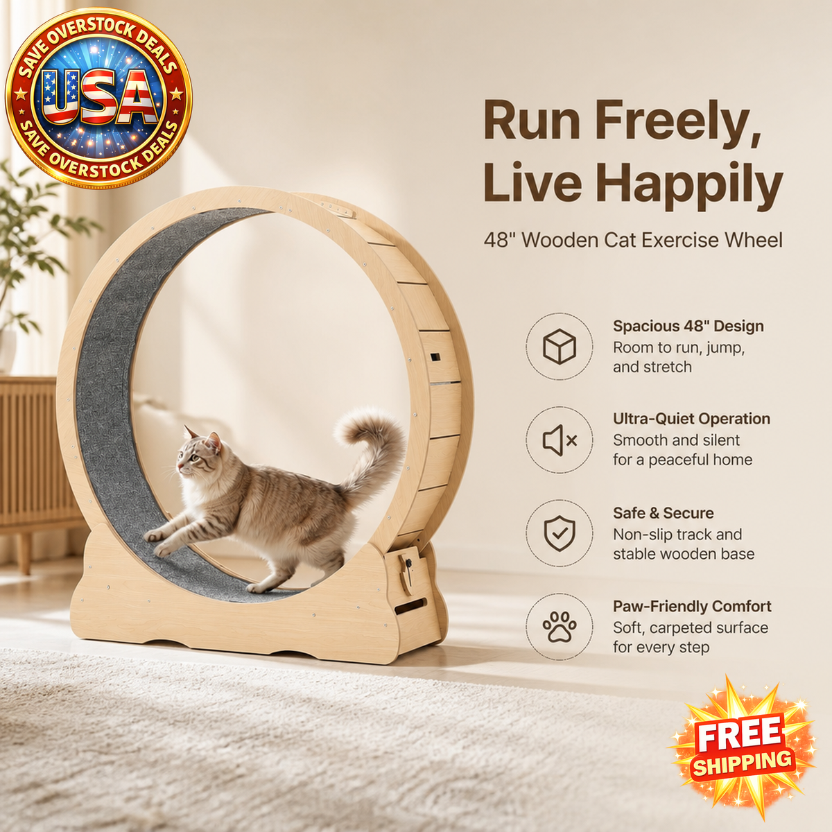 Wooden Cat Exercise Wheel for Indoor Cats up to 28 lbs