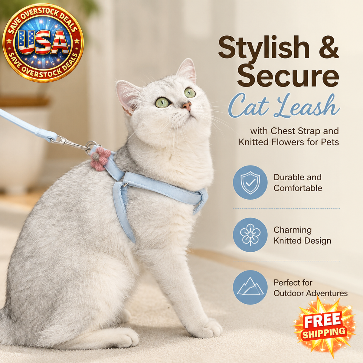 Knitted Flower Cat Leash with Chest Strap for Walking