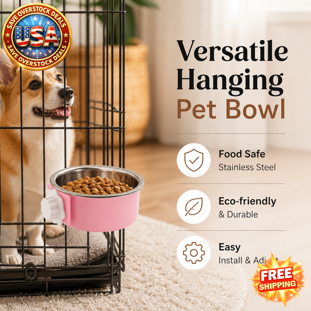 Removable Stainless Steel Hanging Pet Bowl for Dogs and Cats