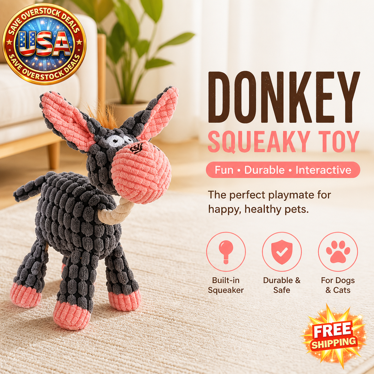 Donkey Shaped Plush Dog Squeaky Toy for Dogs and Cats