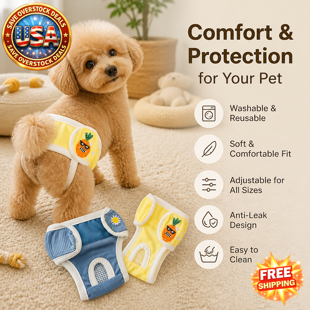 Washable Dog Diapers for Male and Female Dogs, Anti-Harassment