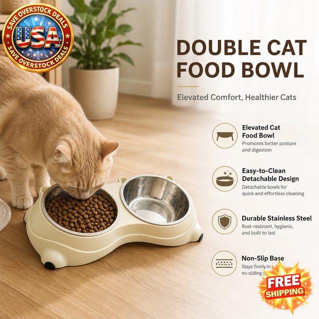 Double Cat Food Bowl Set with Non-Slip Base, Stainless Steel