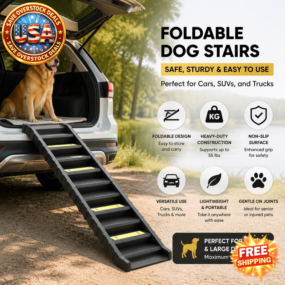 Foldable Dog Stairs for Car Truck SUV - Easy Entry Ramp