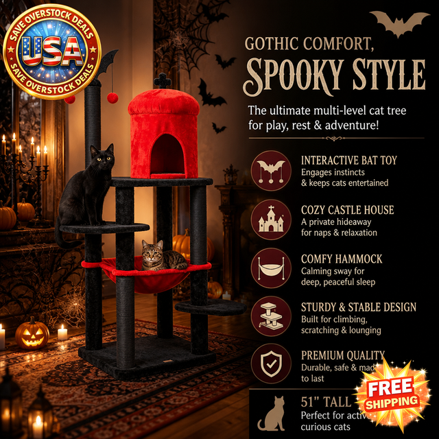 Gothic Cat Tree 51'' with Spider Toy - Halloween Theme