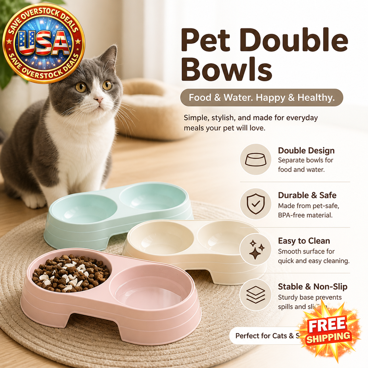 Pet Double Bowls for Cats and Dogs - Food and Water Bowls