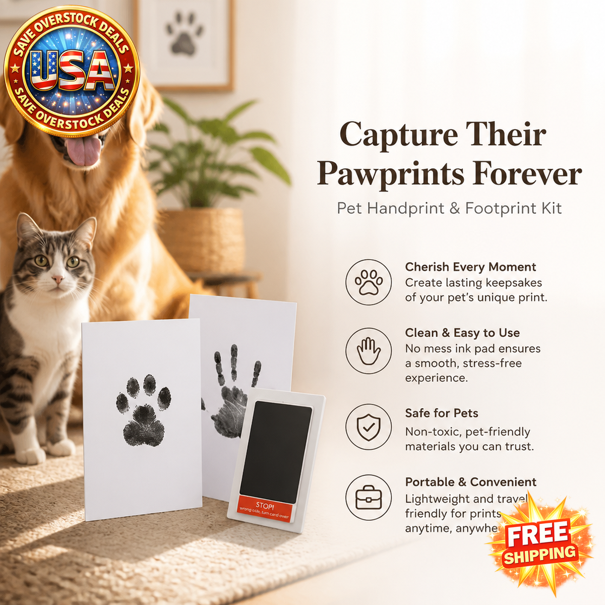 Pet Handprint and Footprint Kit for Dogs and Cats, 3.7x2.2in