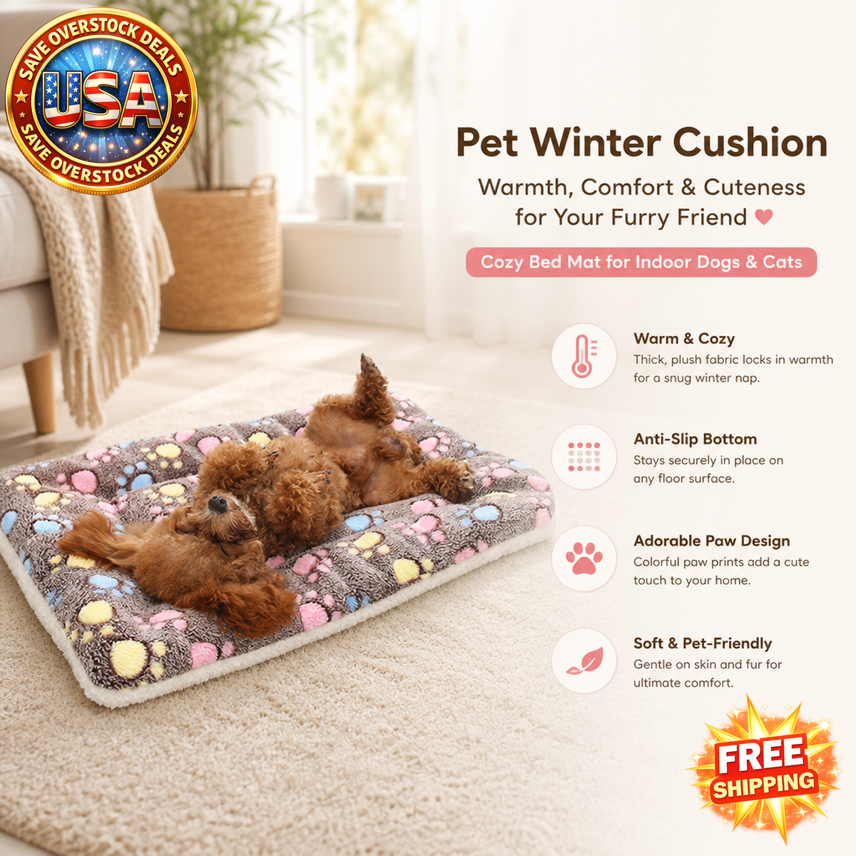 Pet Winter Cushion for Indoor Dogs & Cats, Anti-slip Cat Bed