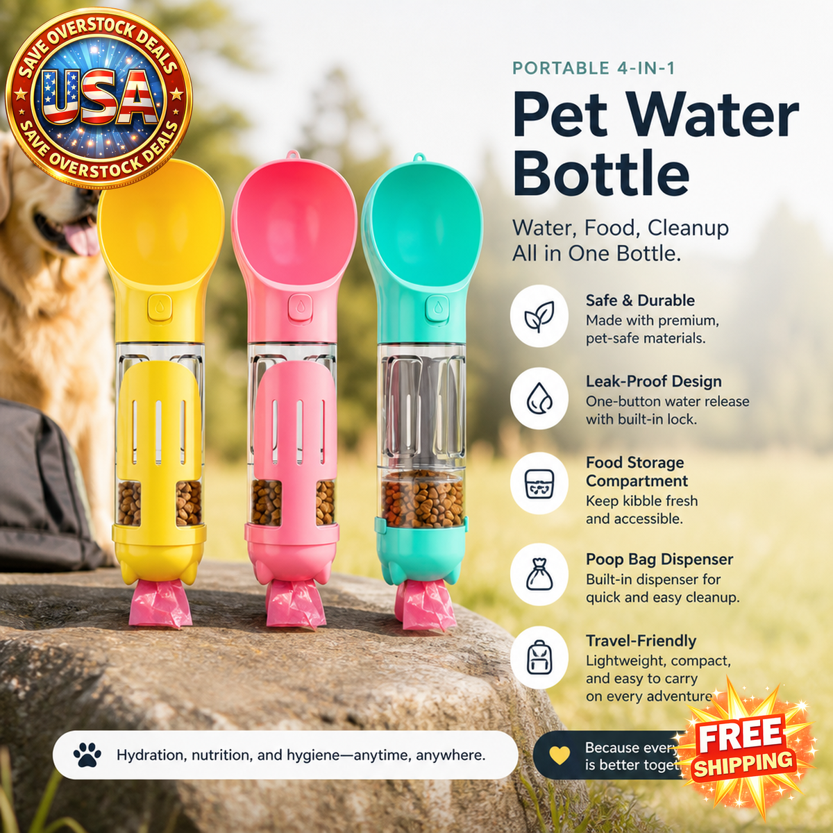 Portable 4-in-1 Pet Water Bottle with Food Storage and Spoon