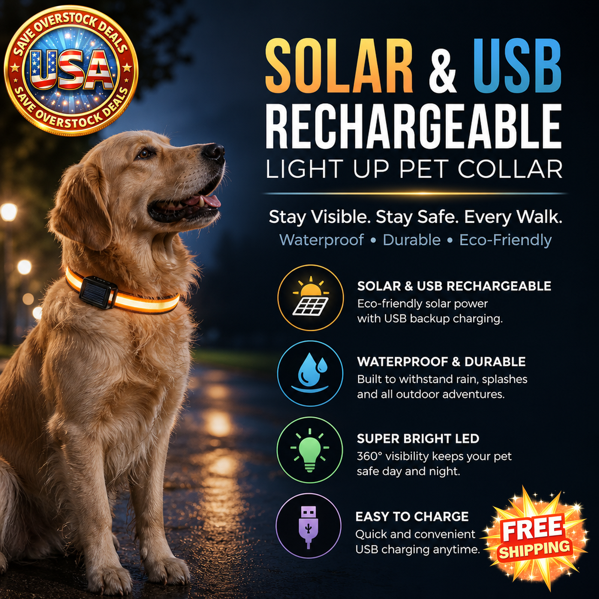Waterproof LED Light Up Pet Collar - Solar & USB Rechargeable