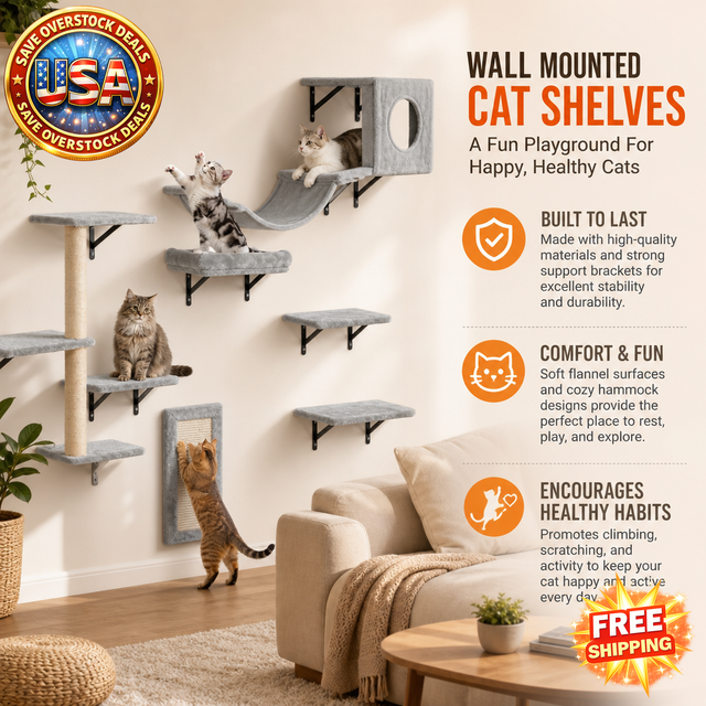 Wall Mounted Cat Shelves Set of 6 with Jumping Boards and Hammock