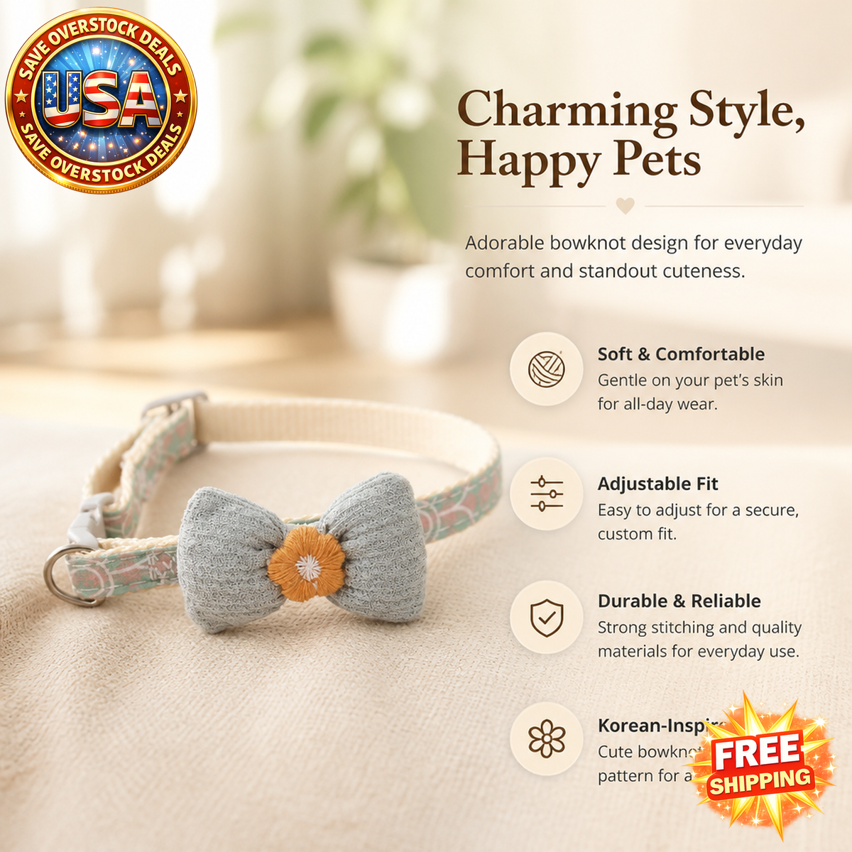 Korean Cartoon Cat Collar with Bowknot Design