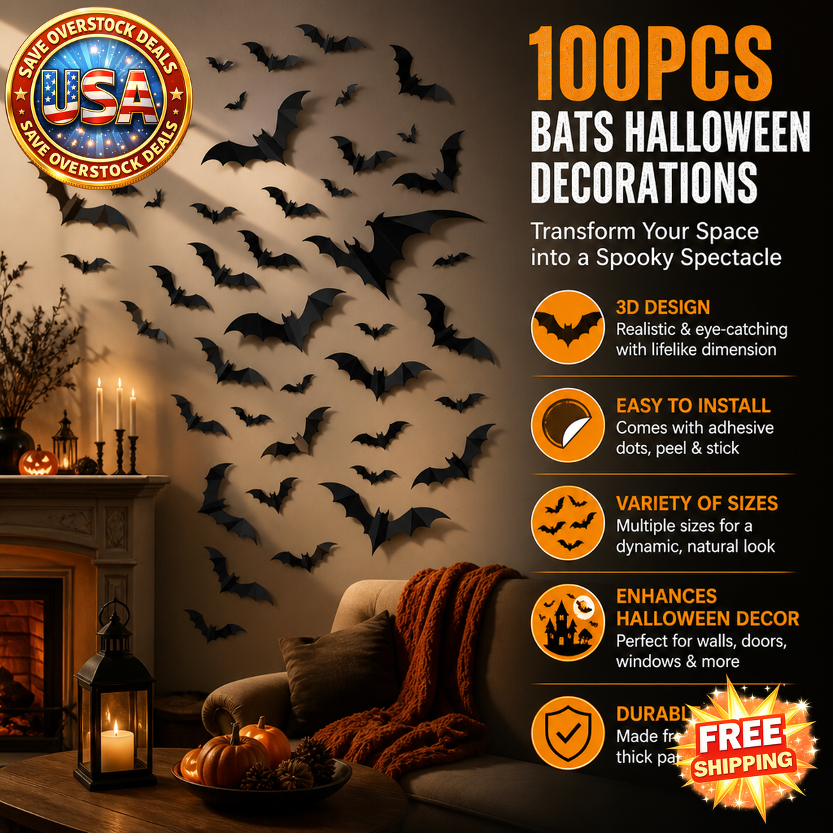 100pcs Halloween Bats Wall Décor - 3D PVC Bat Stickers