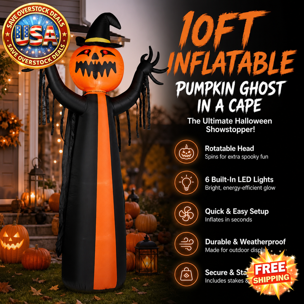 10ft Inflatable Halloween Pumpkin Ghost Decor with LED Lights