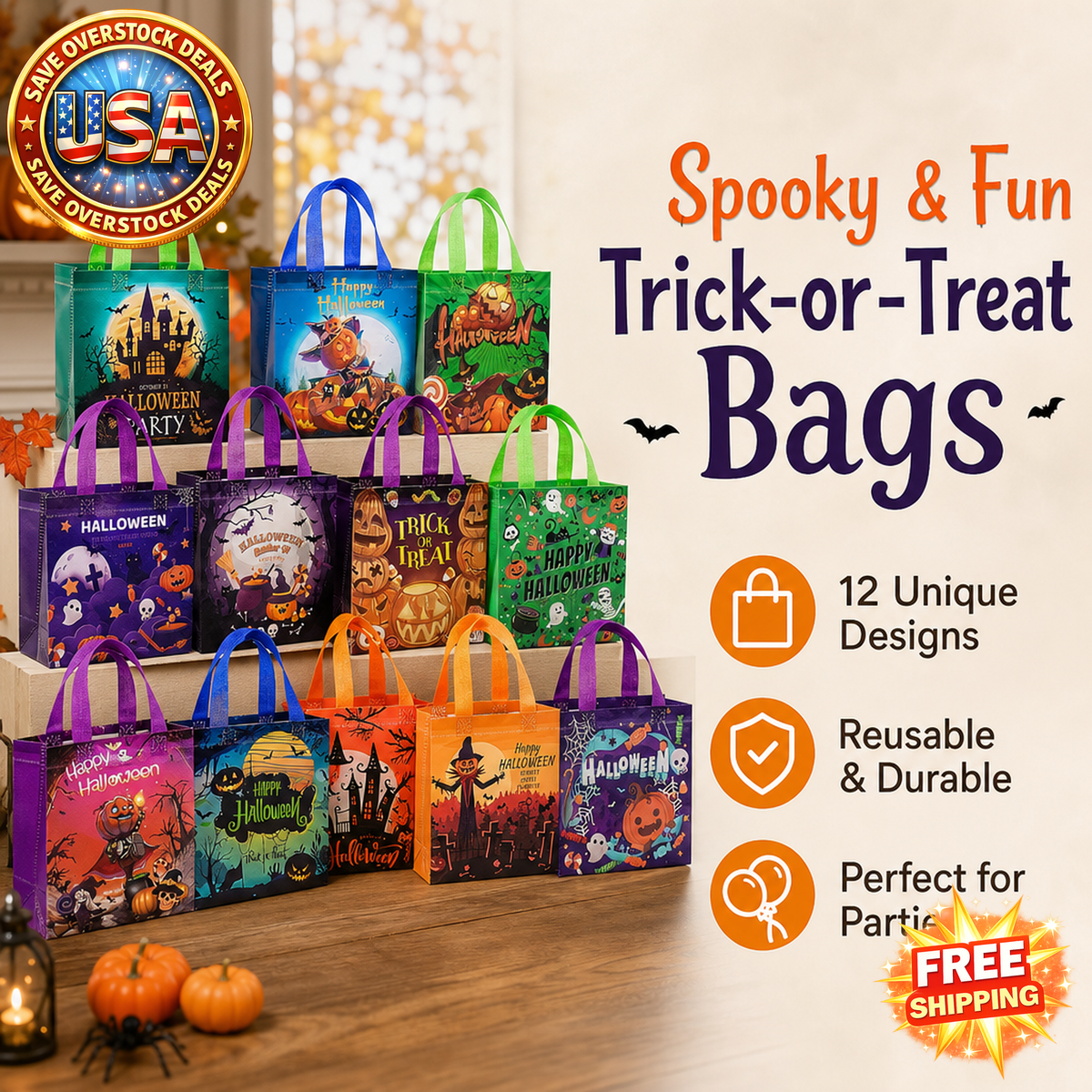 12Pcs Halloween Trick or Treat Tote Bags for Kids