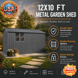 12x10 Ft Metal Garden Shed with Window and Shelves, Grey