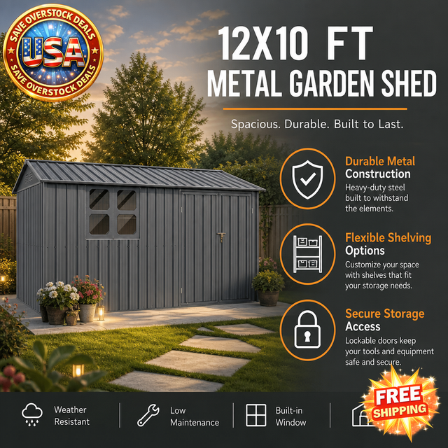 12x10 Ft Metal Garden Shed with Window and Shelves, Grey