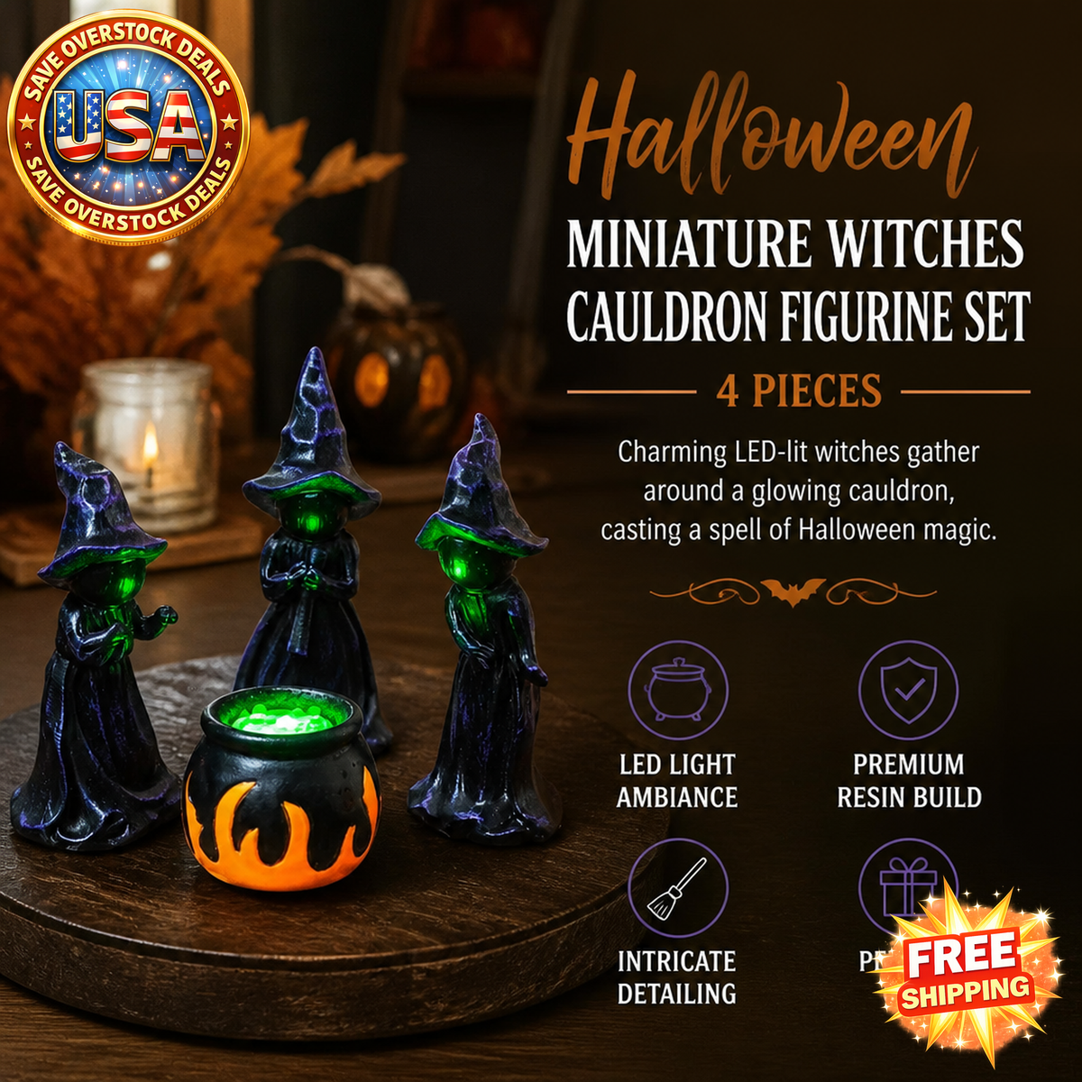 Halloween Miniature Witches Cauldron Figurine Set, 4 PCS