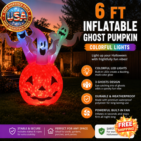 6 FT Inflatable Ghost Pumpkin with Colorful Lights for Halloween