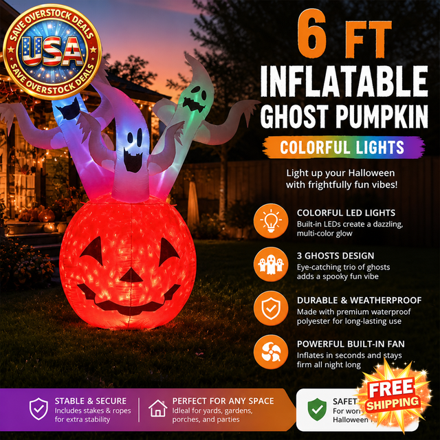 6 FT Inflatable Ghost Pumpkin with Colorful Lights for Halloween